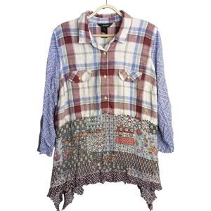 Ali Miles Patchwork Tunic Top 1X Mixed Media Floral Plaid Button Front Raw Hem